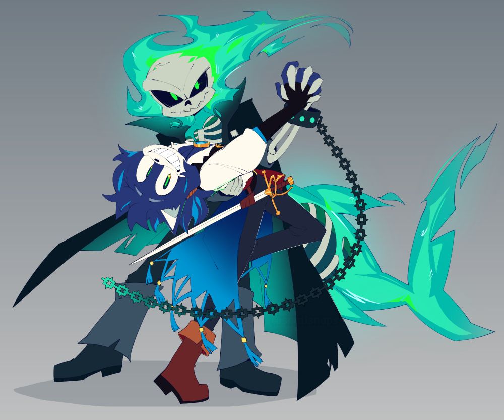 Jetsam (blue cat) hitting a practiced pose with Ghost (green-fire skeleton). Jet looks super happy, despite their soul being stolen.
