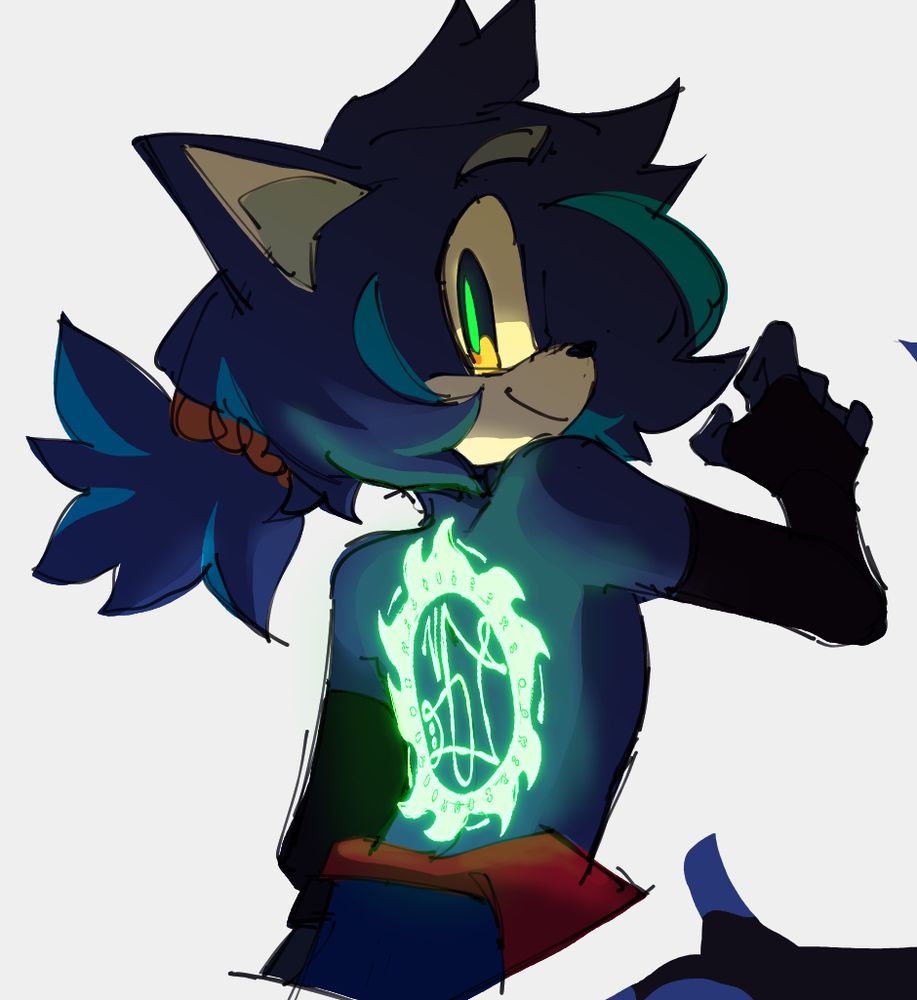 The same character, now without a shirt, showing off an eeriely glowing tattoo on their back. Their pupils are glowing with a similar greenish hue.