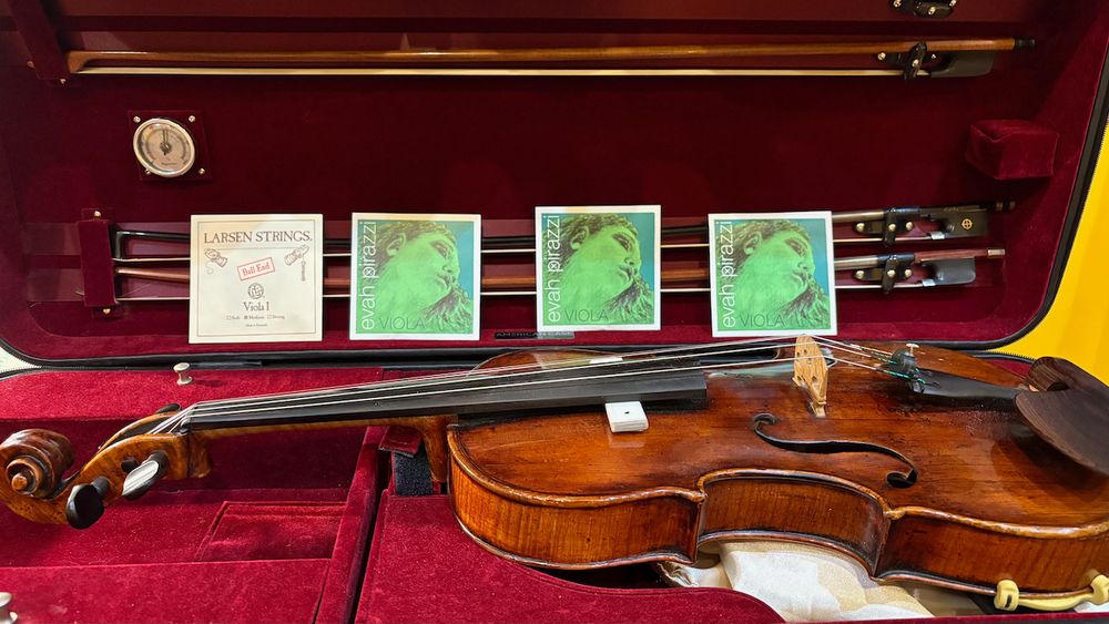 Image shows my viola sitting in its case with the containers of the 4 strings lined up in a row behind it.