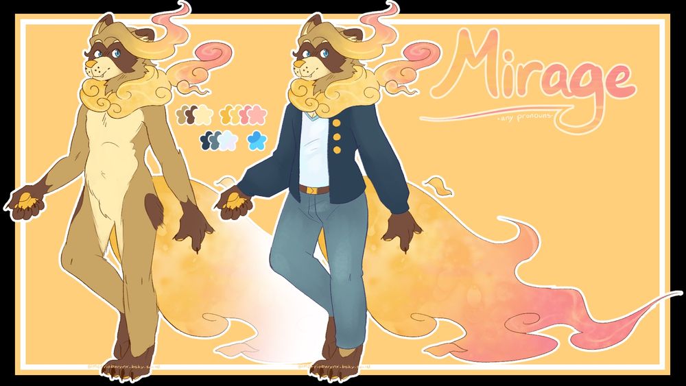 Reference sheet of an anthropromorphic raccoon-dog with a long, flowing tail and wispy hair - both of which a dreamlike gradient of golden yellow to warm pink-ish red.