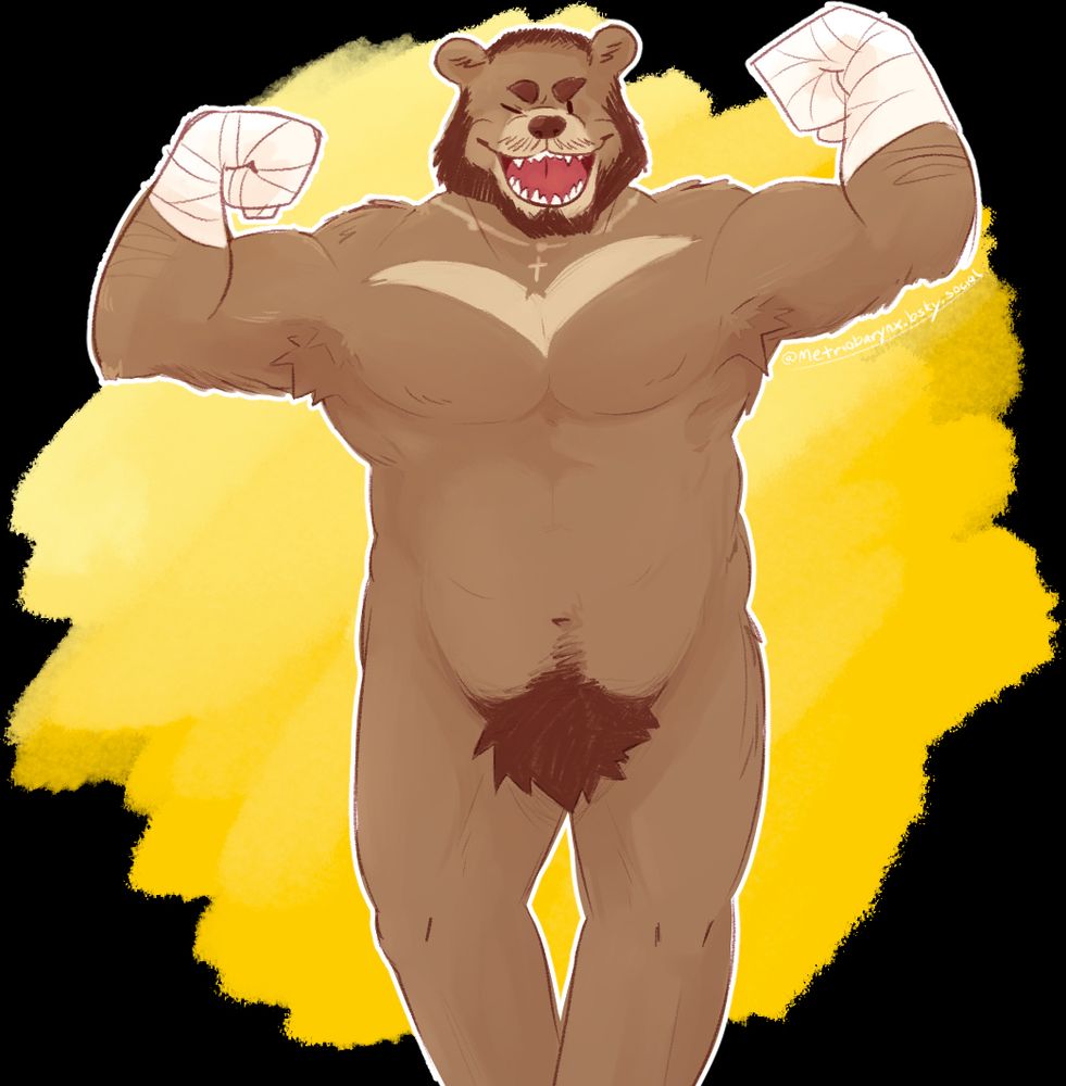 A non-explicit nude 3/4s illustration of an anthro bear in a flexing pose, with both of his hands wrapped in cloth. He has a confident expression and a tattoo across his neck that resembles a necklace with a cross attached.