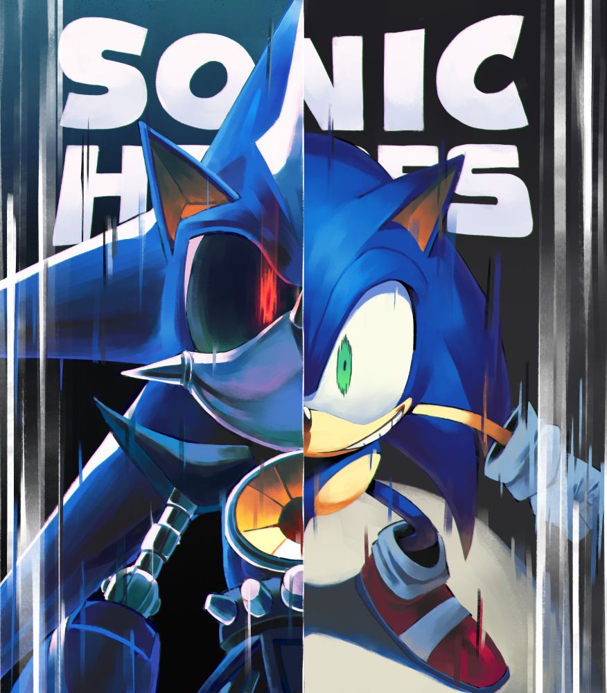 Neo Metal Sonic looking down on Sonic, Neo looking livid while Sonic looking unhinged.