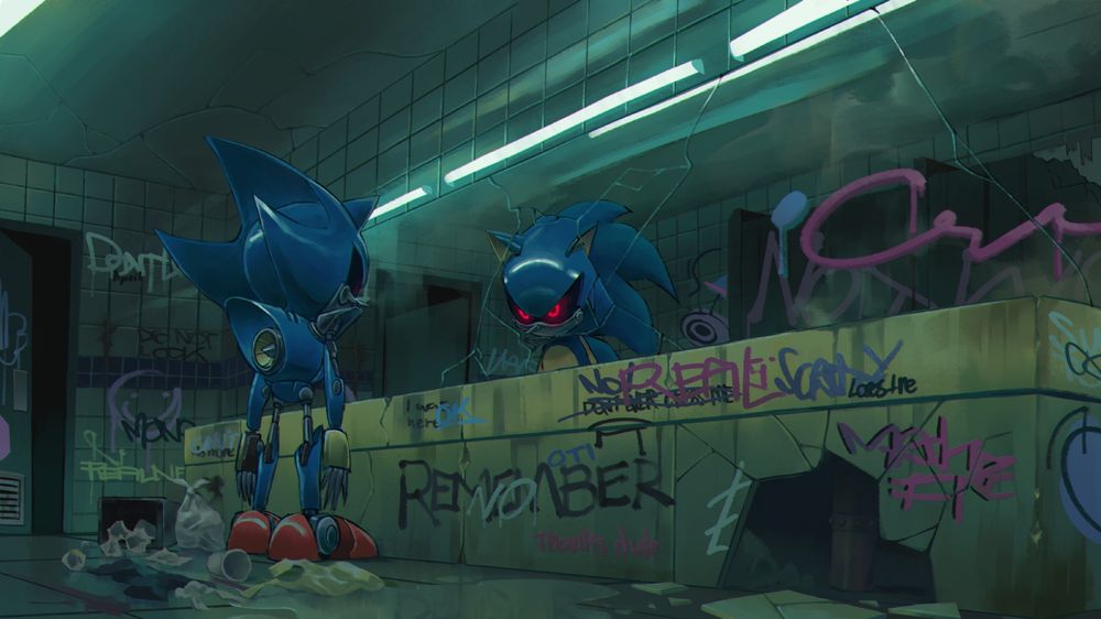 Metal Sonic looking at himself in a dank and quite filthy looking public bathroom