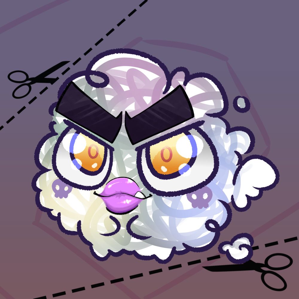 Stinkee with the Krimbo eyebrows and lips. A little stink puff with small white wings, a white cloud-like body with multicolored scribbles within, large yellow eyes, and small purple skull markings on his cheeks.