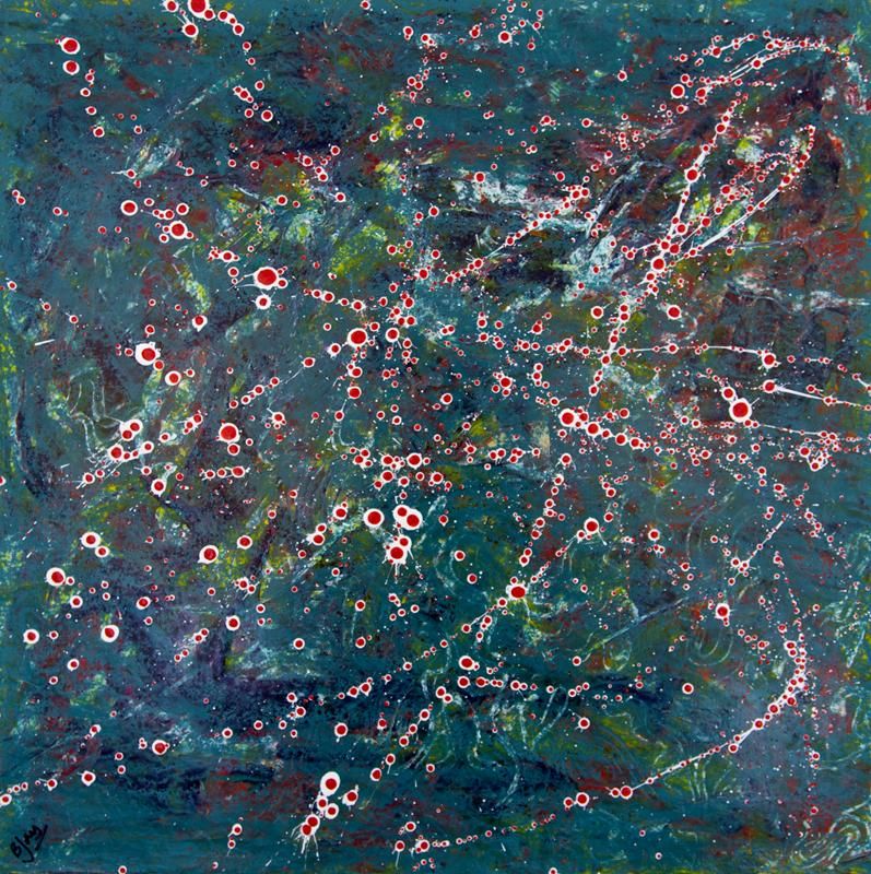 Photo of 50com sqaure abstract painting on board in acrylics. The background is made up of shades of blue, green and purple, with splodges of white. The surface has strings of small white dots with orange centres spread over it.