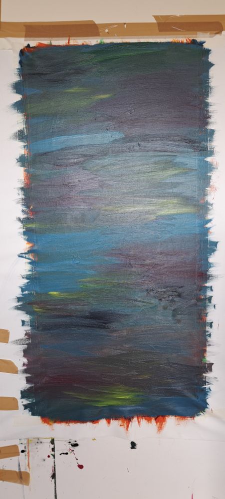 The artwork has been completely covered over with brushed paint of blue, purple and green