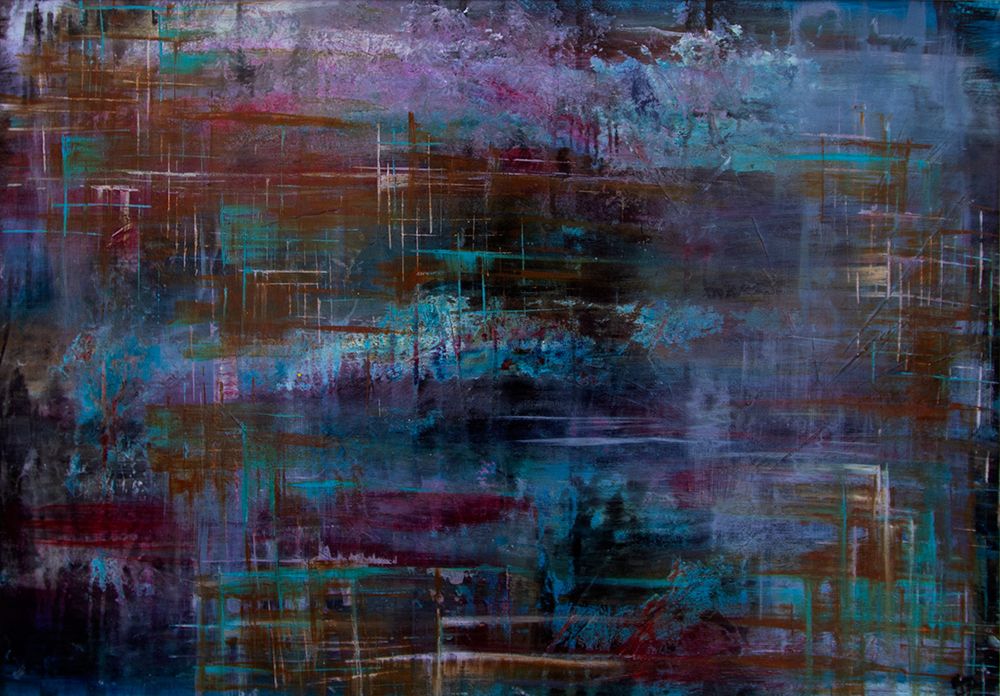 Photo of "Pond". Blues, purples, turquoise, browns & greens, with white accents. 