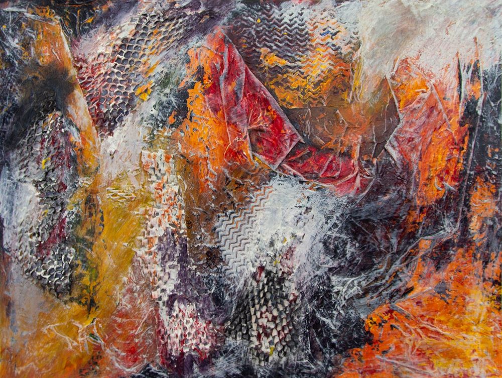 Photograph of artwork made with various packing materials slightly scrunched and then painted over with acrylic paint. Some of the material has holes in it and zigzags imprinted. It has bright reds & oranges contrasting with black, greys & white