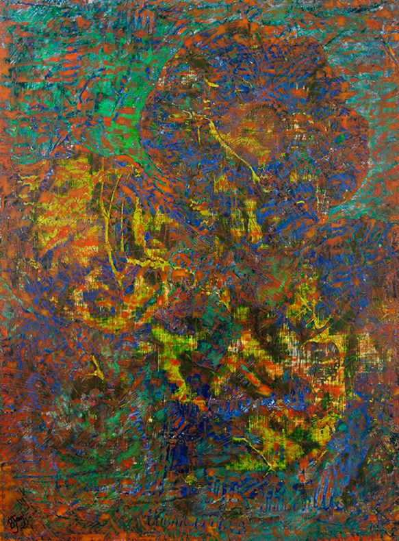 Photo of a painting of large faintly seen flower shapes within an abstract colour palette which includes yellow, orange, blue and sea green