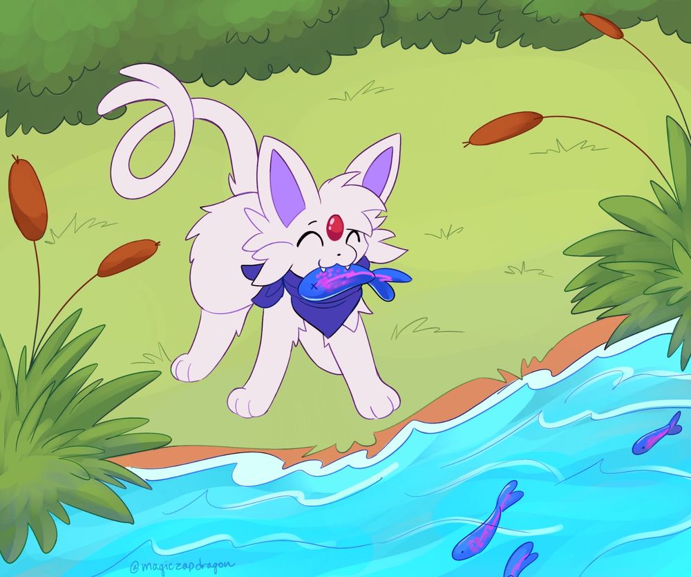 an espeon OC is standig by a flowing creek with little fishies swimming in it. they’re holding a fish in their mouth, happy with the catch! 