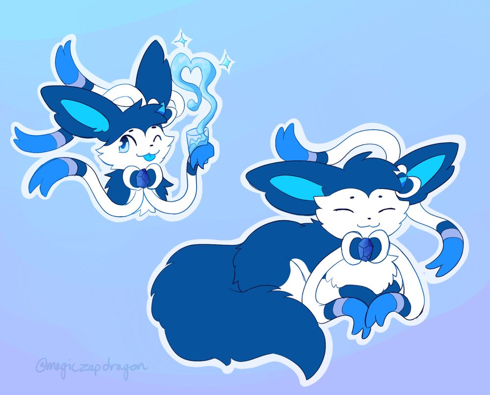 some doodles of a cute dark blue sylveon that has ice and water powers! 