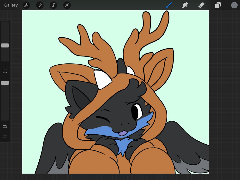 screenshot of a wip for a kigu ych! a cute gray fluffy dragon wears a deer kigu, not fully colored yet 