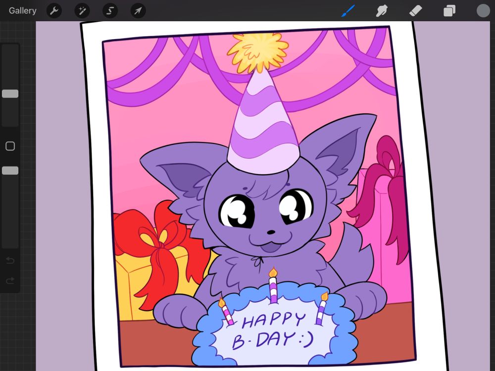 screenshot of a ych wip. a fluffy gray puppy wears a party hat and is sitting at a table in front of a birthday cake. there are presents and streamers in the bg