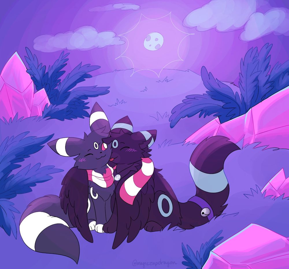 a pretty scenic doodle com of two umbreon OCs hugging/cuddling in a fluffy overgrown field, surrounded by big rock-like crystals shining pink in the moonlight.