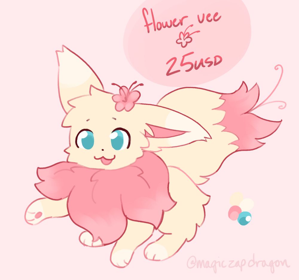a digital adopt of a cute cream colored eevee with pink fluffy flower-like fur. 