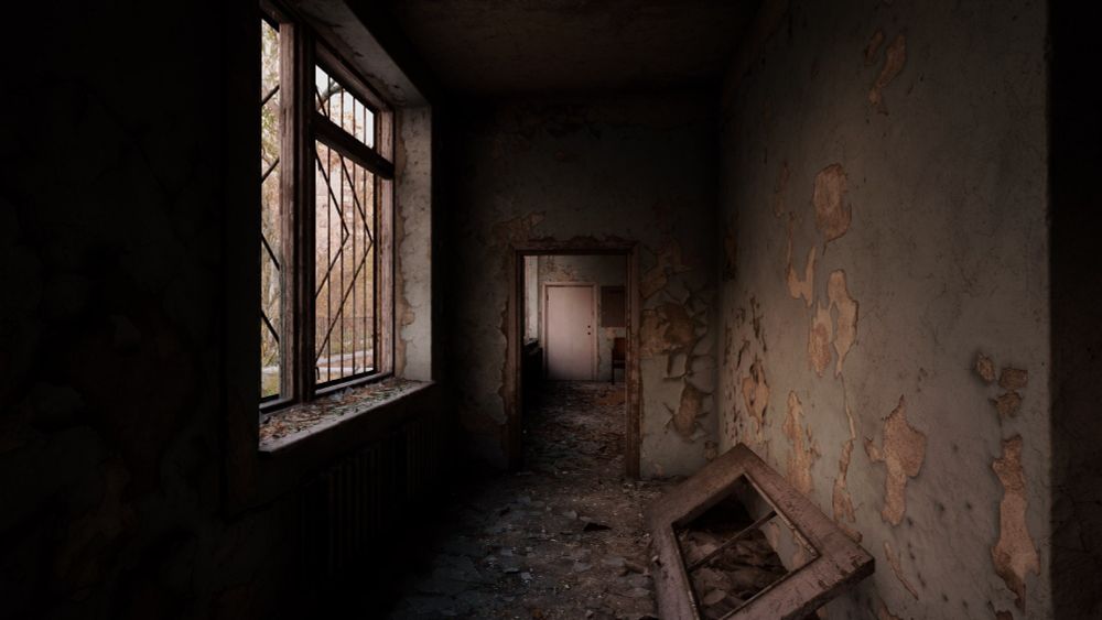 A screenshot from STALKER 2 videogame. A corridor with peeling pale blue paint is illuminated by soft bounced light from windows on the left.