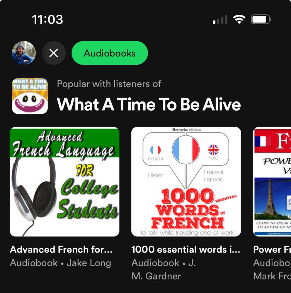 Spotify suggested audiobooks for listeners of WATTBA are all learning French books