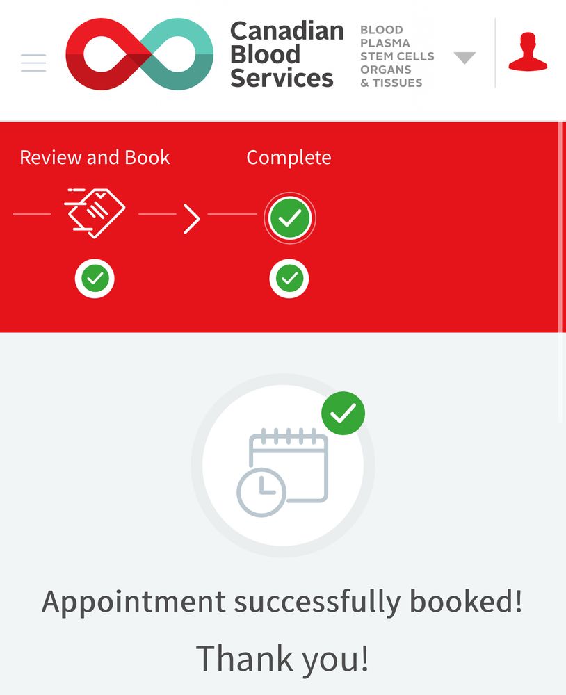 a screenshot of a confirmation for booking a blood donation