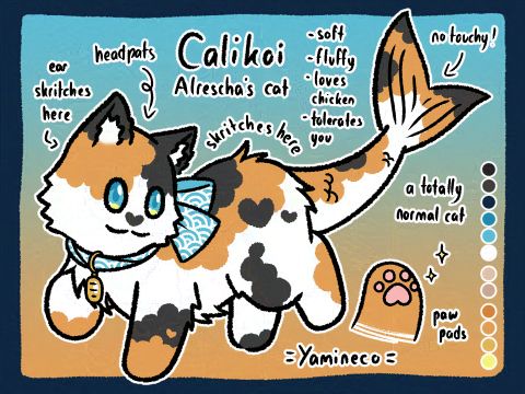 Character sheet of some sort for my koisona's koi cat. Calico cat with koi tail wearing blue collar with japanese wave pattern decorated with big bow and coin charm.