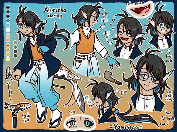 Character sheet for Koisona character named Alrescha (he/they). Masculine (ish) non binary koisona with long hair tied into low ponytail, glasses, hakama and haori combination.