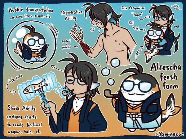 Character sheet for my koisona Alrescha, detailing his koi form and abilities.