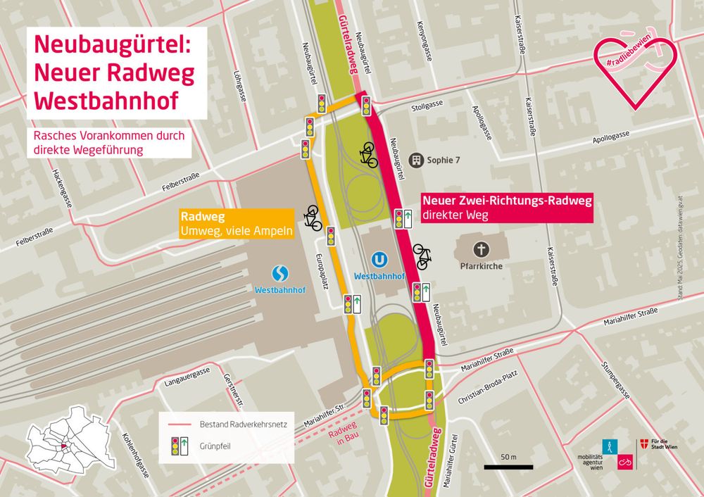 Karte vom Westbahnhof mit neuem, direktem Radweg.