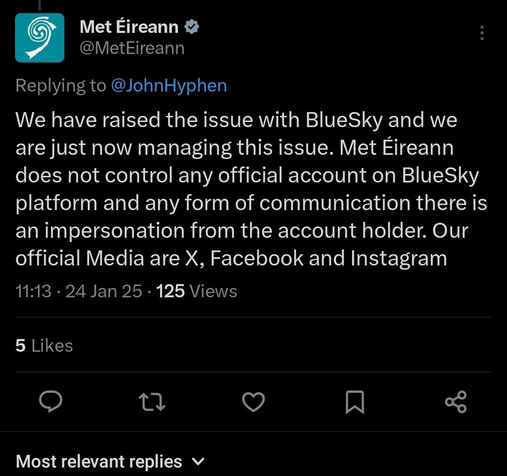 A screenshot of a post on X by Met Éireann saying that they do not have any accounts on Bluesky