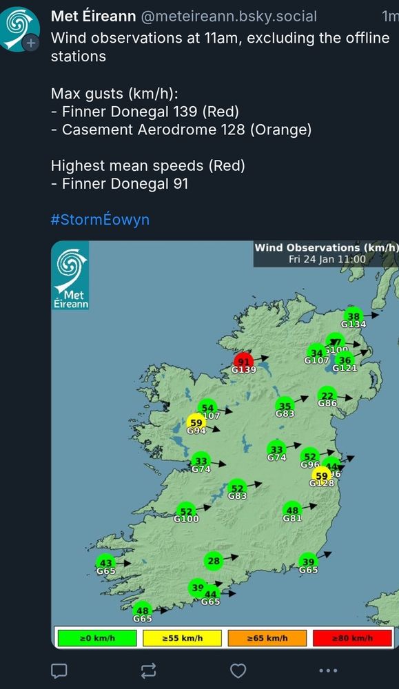 A screenshot of a Bluesky post from a fake Met Éireann account giving updates about Storm Éowyn