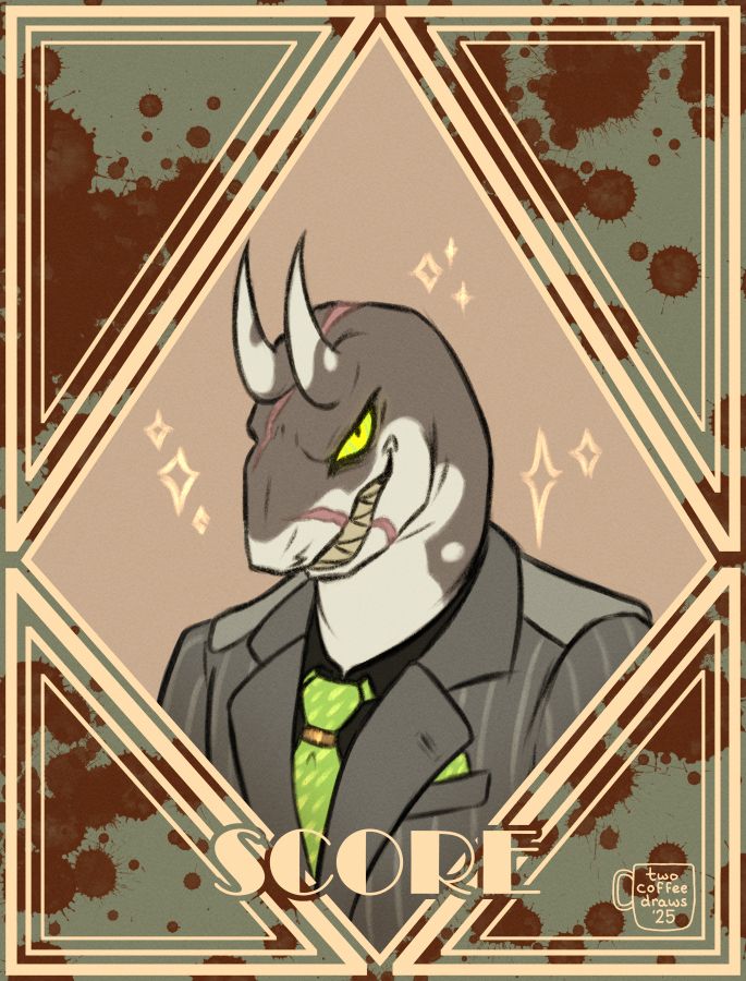 A profile drawing of my shark OC, Score, an oceanic whitetip. The image is styled in an art deco fashion, with blood splatters in the background. He's looking at the viewer with a menacing grin.