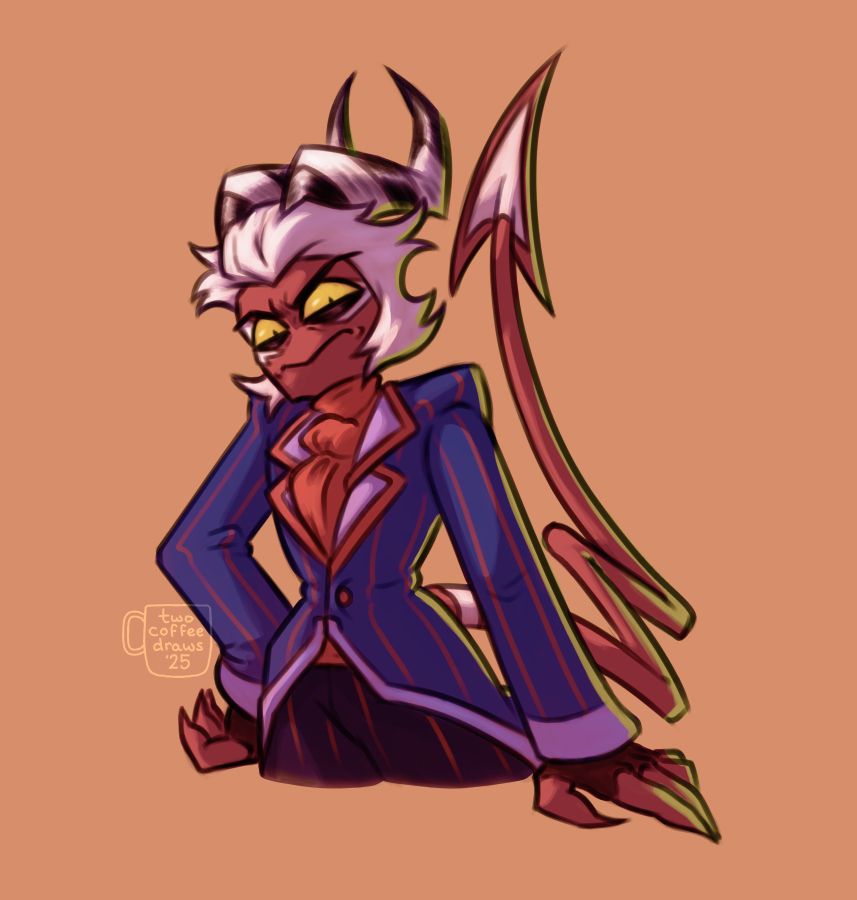 Colored sketch of Crimson in a peach-colored void. He's looking down at the viewer with a bitchy expression, one hand on his hip and the other on an implied tabletop.