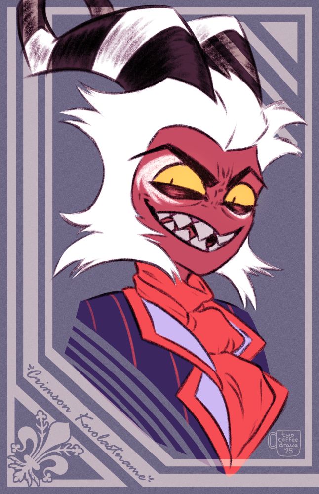 A three-quarters bust of Crimson with some graphic design elements and Florentine Giglio/Iris. He's staring at the viewer with a devious, toothy grin.