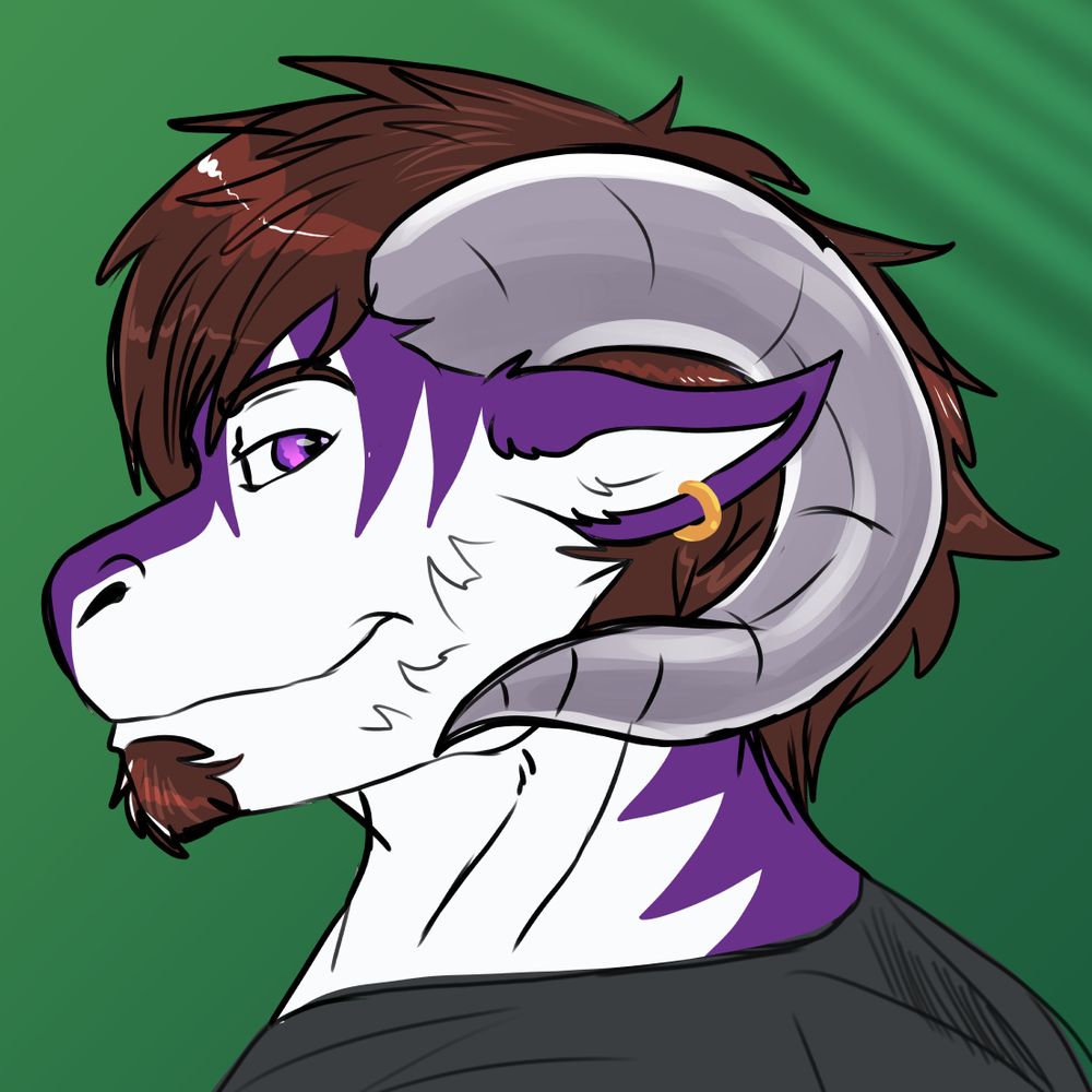 Profile shot of a male anthropomorphic furred drake character (fursona) named Keurin. He has white fur on his undersides and purple fur on his dorsal side. He has a crop of shaggy dark brown hair, and a patch of brown stubble on his chin. He has two large, silvery horns that sprout from above his ears and curl backwards around them. He is looking sideways toward the viewer and smiling.