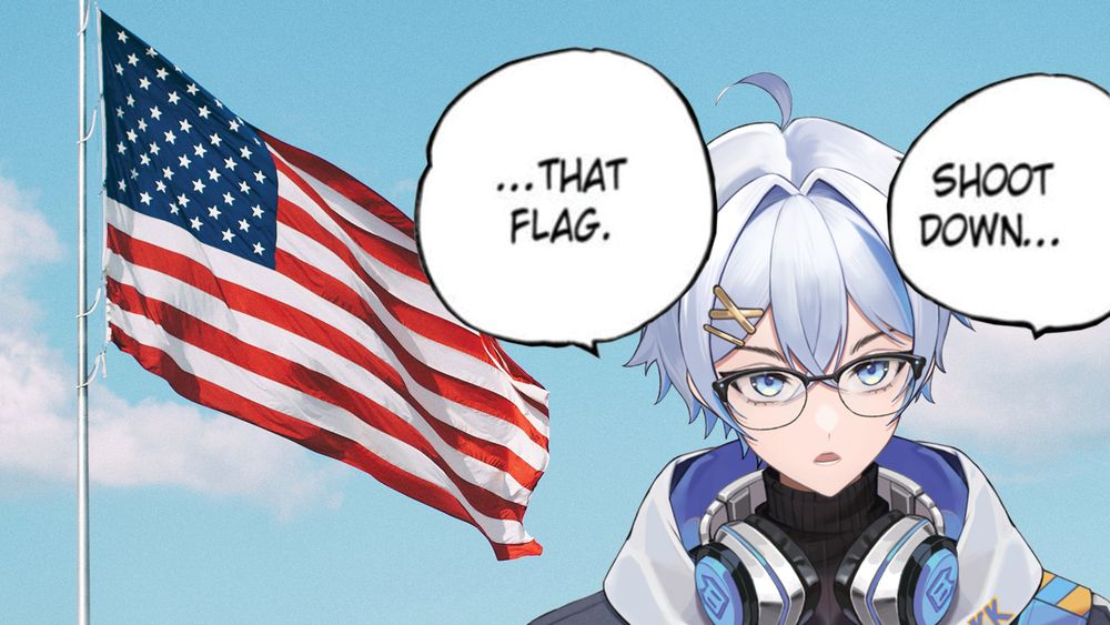 Vtuber KyleXCVI in front of the American Flag, with text bubbles from the One Piece manga: "Shoot down... that flag."