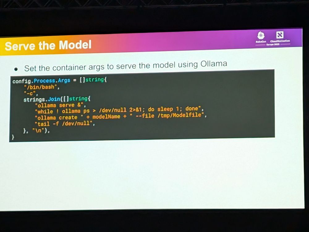 Serve the Model

Set the container args to serve the model using Ollama

config.Process.Args = [] string(

/bin/bash",

"-c".

strings.Join([]string{

"ollama serve &",

"while ollama ps> /dev/null 2>&1; do sleep 1; done",

"ollama create modelName + --file/tmp/Modelfile",

"tail -f /dev/null",

}, "\n"),