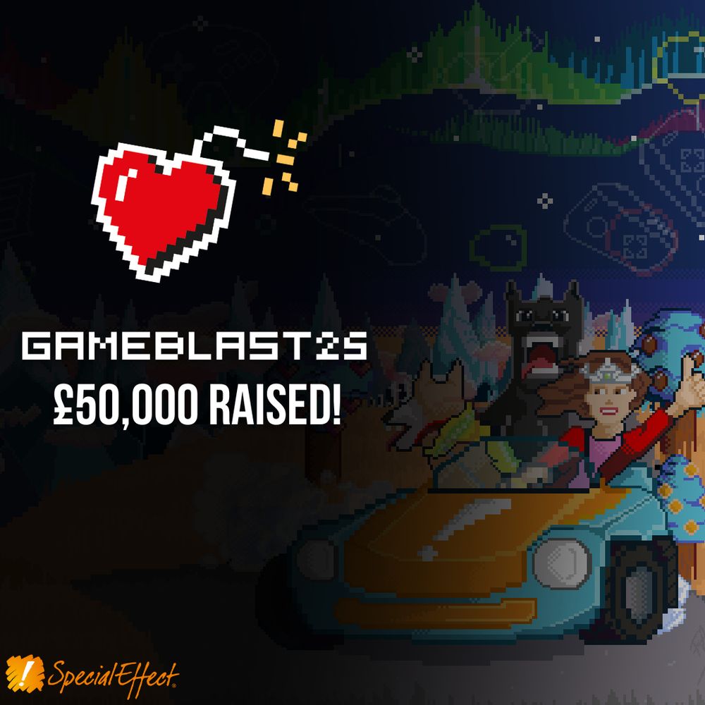 Pixel art showing a princess child in an orange and blue car with two dogs riding alongside with the text "GameBlast25 £50,000 raised!"
