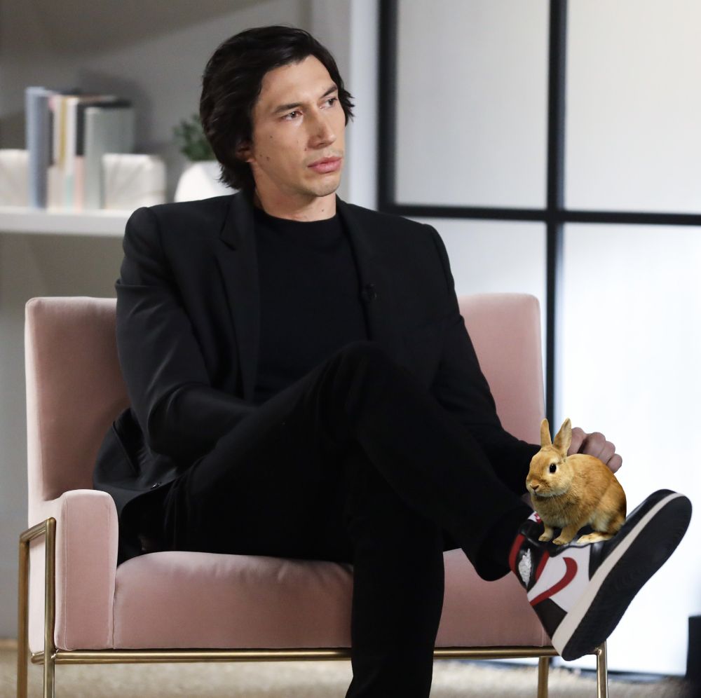 adam driver sitting with one leg crossed over the other. he's in an all black outfit that is, frankly, very hot, and i've edited a photo of a small brown bunny to make it look like its sitting on top of his huge sneaker.