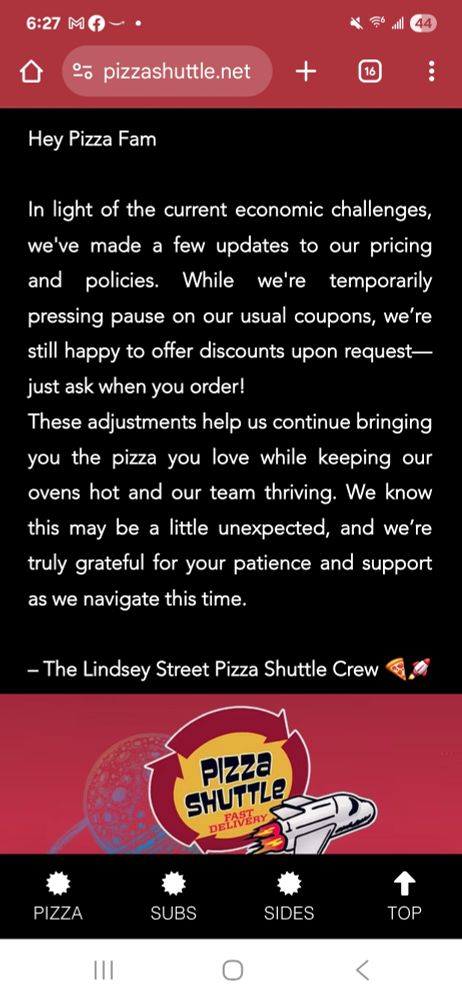 No more coupons and prices going up at Pizza Shuttle