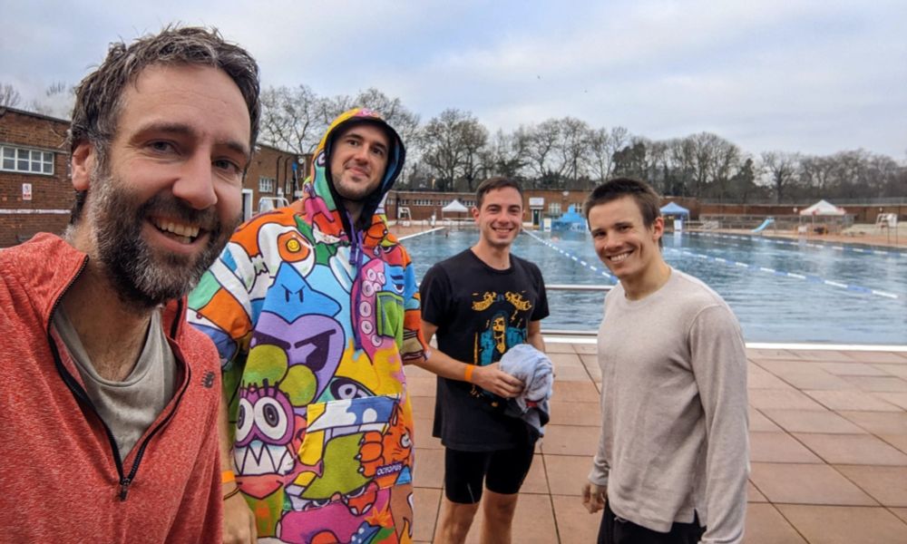 Felix Hill and some other DMers and I after cold water swimming at Parliament Hill Lido a few years ago