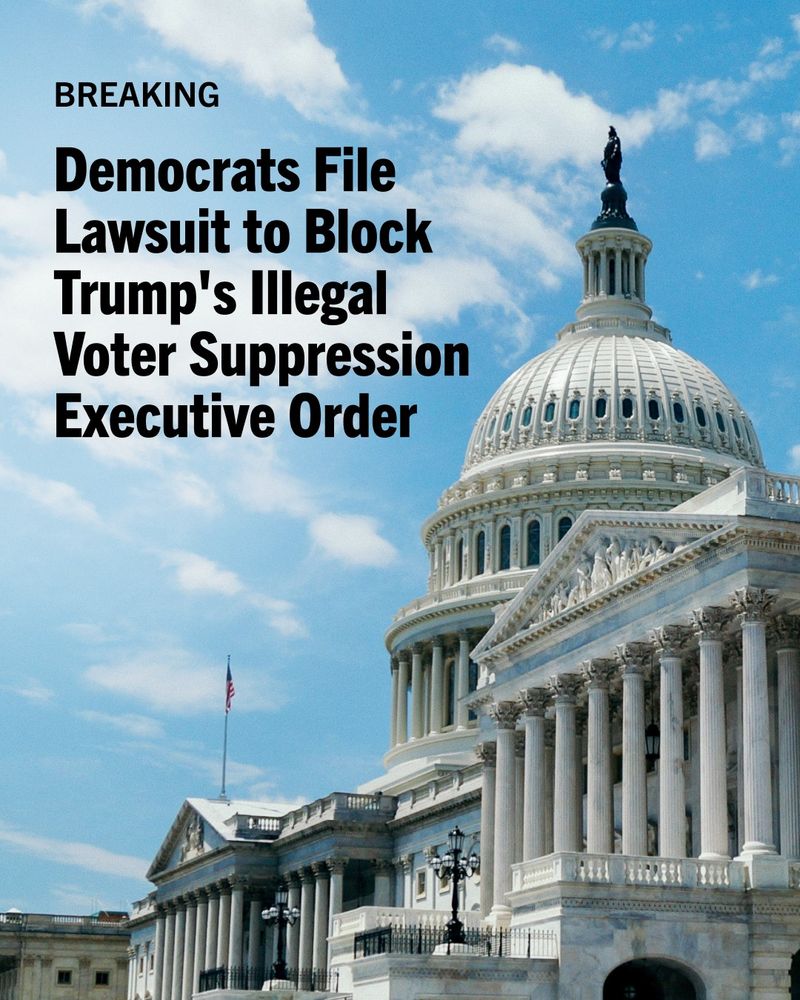 Breaking news headline over an image of the United States Capitol building that reads: 'Democrats File Lawsuit to Block Trump's Illegal Voter Suppression Executive Order.'