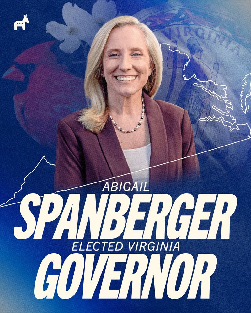 Celebratory graphic of Abigail Spanberger that reads, "Abigail Spanberger elected Virginia Governor." The background has various Virginia-related imagery.