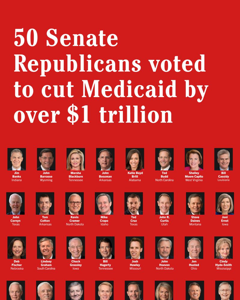 Red poster featuring portraits of several Senate Republicans above the text: '50 Senate Republicans voted to cut Medicaid by over $1 trillion.'