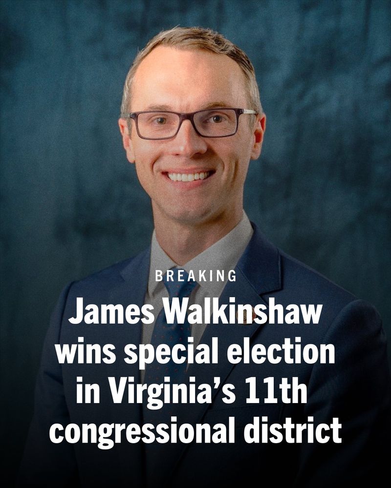 Breaking news graphic featuring an image of James Walkinshaw with the text: James Walkinshaw wins special election in Virginia's 11th congressional district