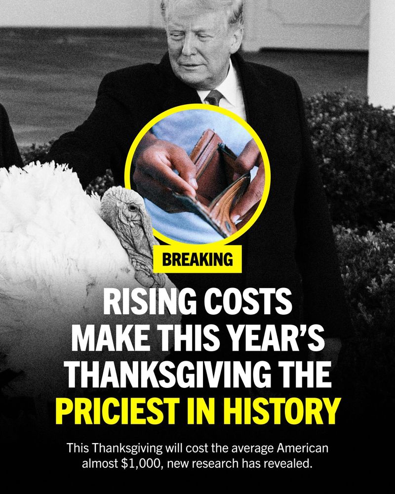 Breaking news graphic featuring Trump with a turkey. Text reads, "Rising costs make this year's Thanksgiving the priciest in history," stating the average American will spend almost $1,000.