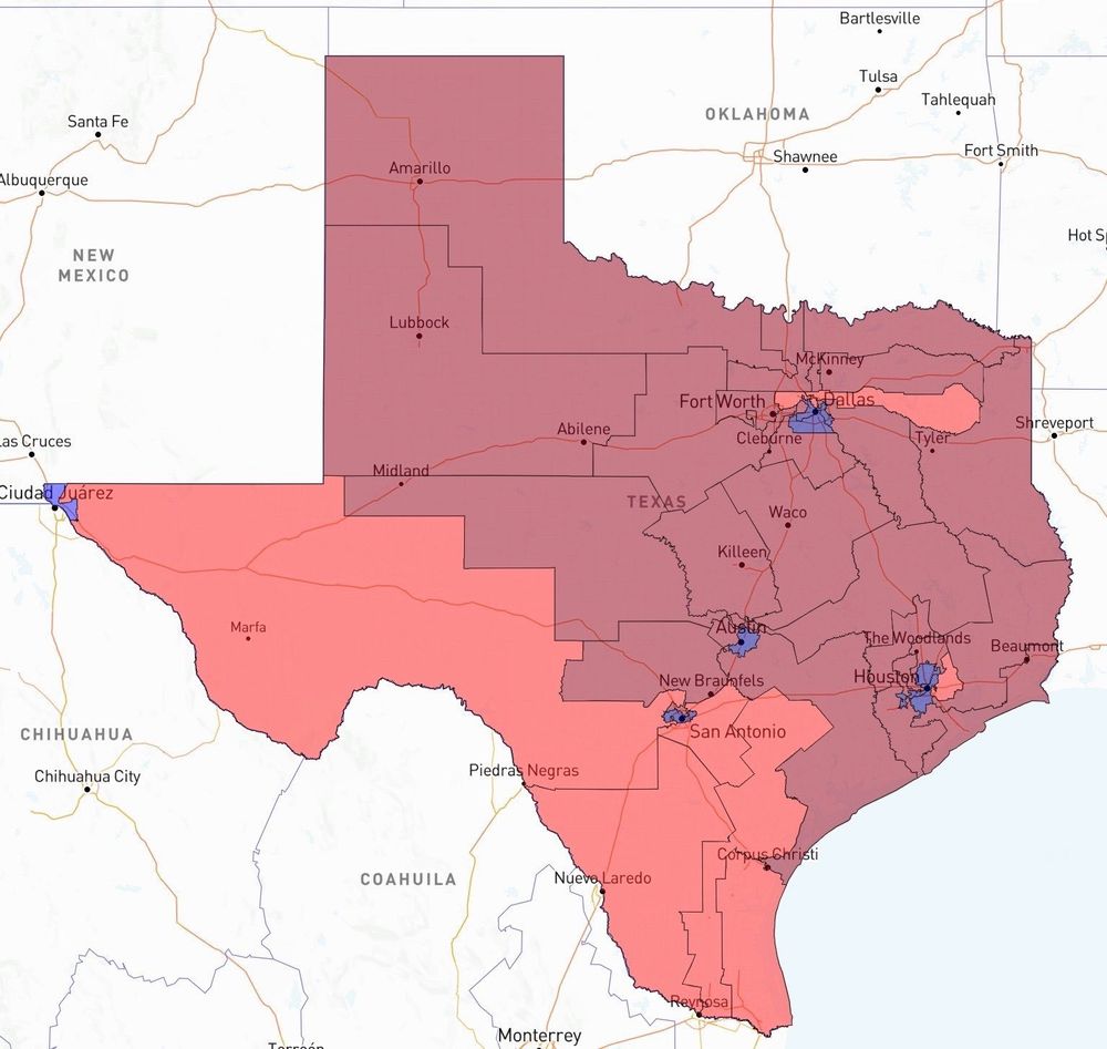 Texas Republicans' proposed gerrymandered congressional map

A map showing the state of Texas, divided into regions shaded in two different intensities of red. Major cities such as Houston, Dallas, San Antonio, Austin, Fort Worth, and El Paso are labeled, along with geographical outlines of neighboring states and parts of Mexico.