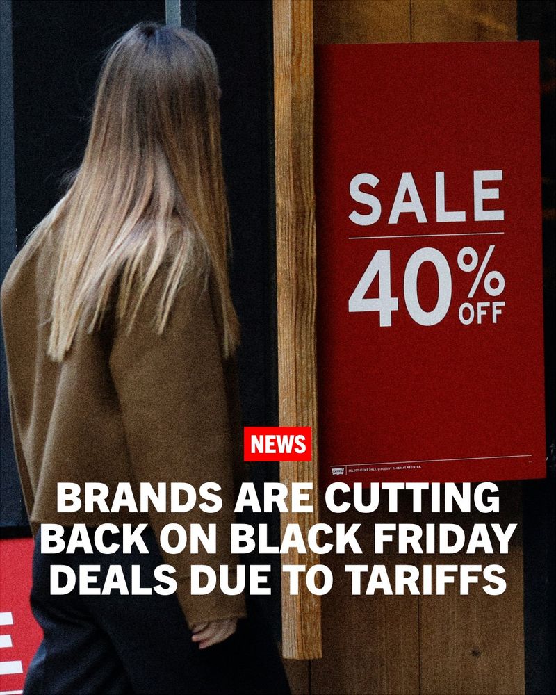 A woman standing next to a red sale sign that reads "40% OFF" with a news headline overlay stating "Brands are cutting back on Black Friday deals due to tariffs."