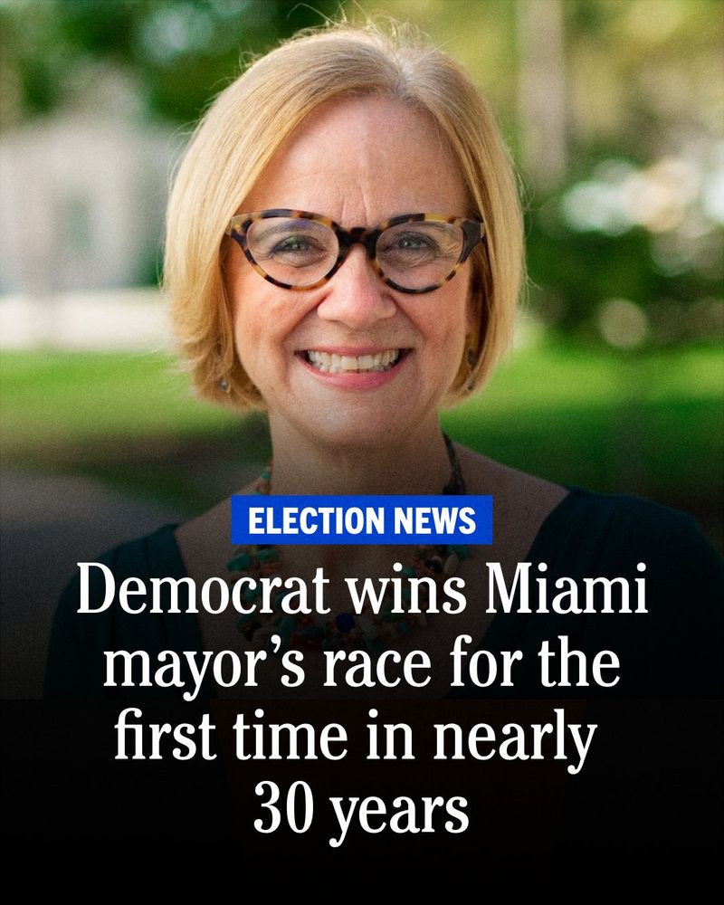 Image of the new Miami mayor Eileen Higgins smiling, with a headline stating 'Democrat wins Miami mayor's race for the first time in nearly 30 years' under an 'ELECTION NEWS' banner.