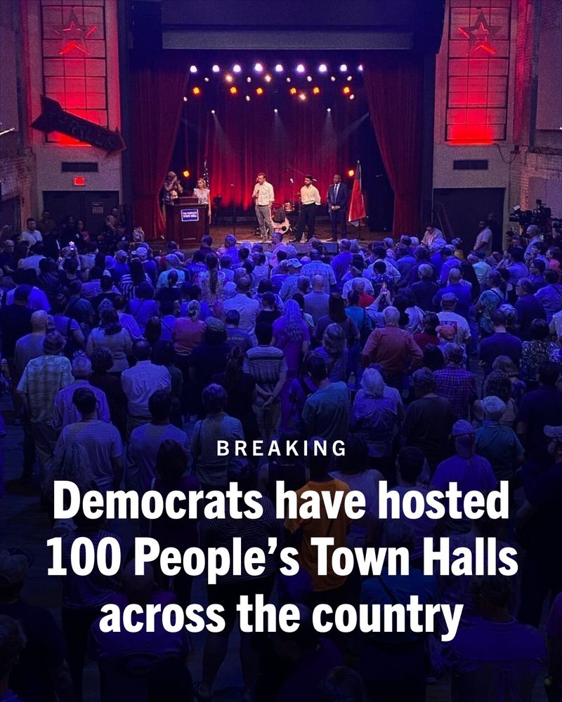 Graphic featuring a crowd of NC-09 residents during a People's Town Hall in North Carolina. Below is overlaying text that reads: 

BREAKING

Democrats have hosted 100 People's Town Halls across the country