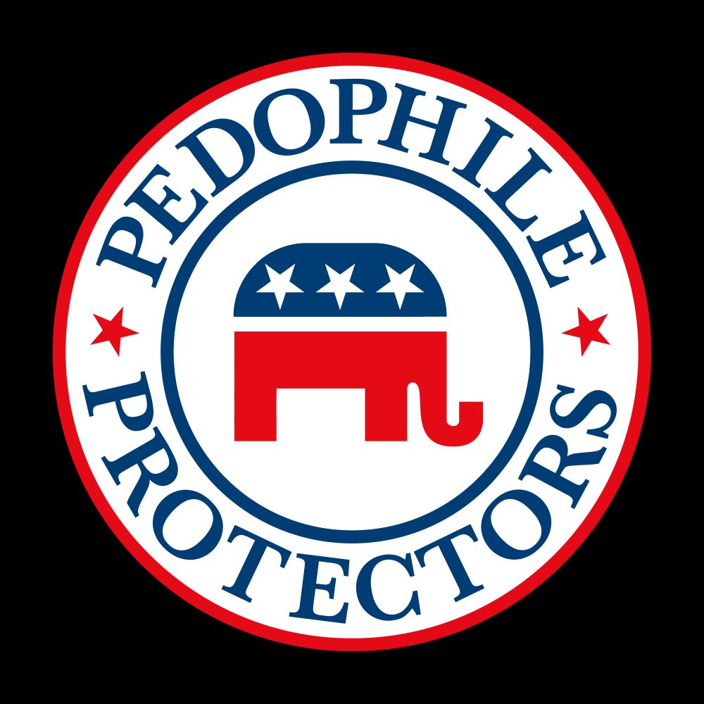 A remake of the GOP logo with the text: Pedophile Protectors. 

There is a red and blue elephant in the middle of the logo.