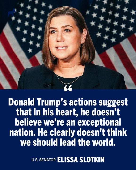 Graphic featuring Senator Elissa Slotkin in front of an American flag background, with text below that states: 