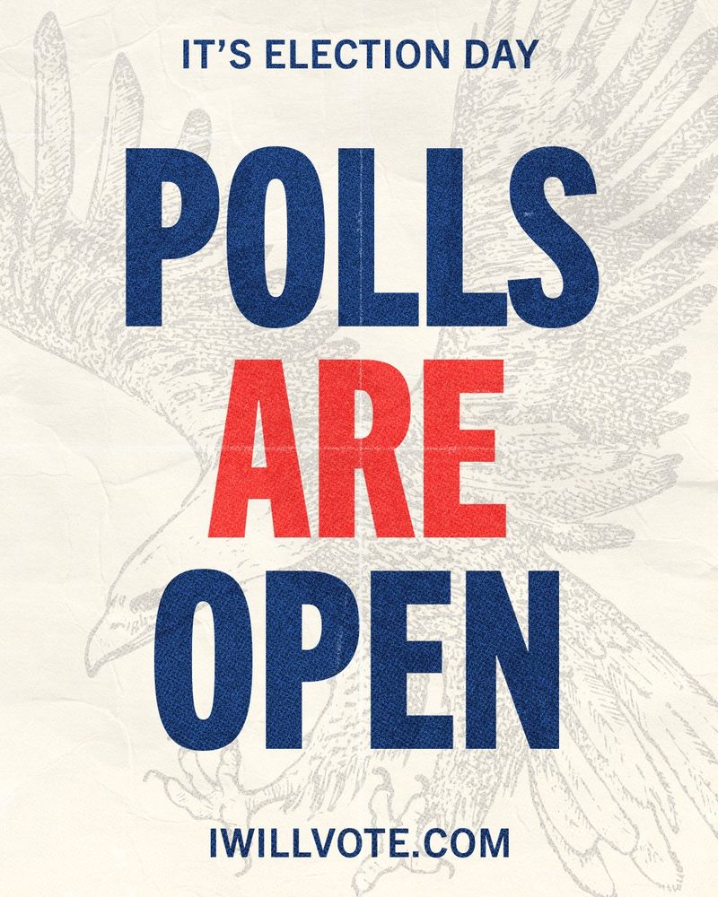 Graphic for Election Day with the text 'Polls Are Open' in bold, red and blue letters. An illustration of an eagle is in the background. IWillVote.com is displayed at the bottom.
